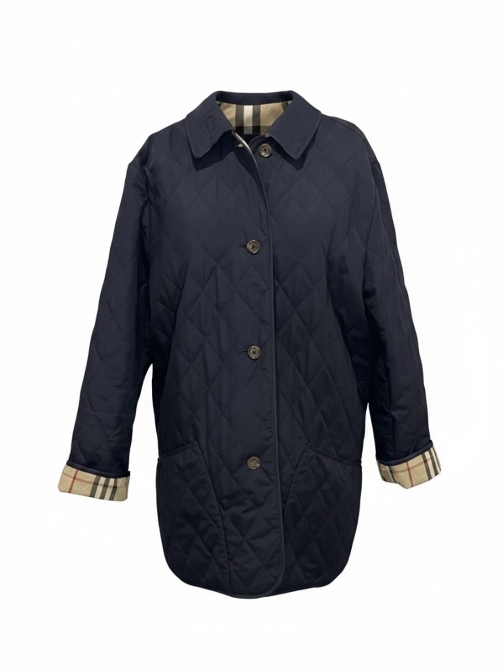 Burberry Diamond Quilt Navy Blue Jacket with Nova Check Plaid Lining - Medium